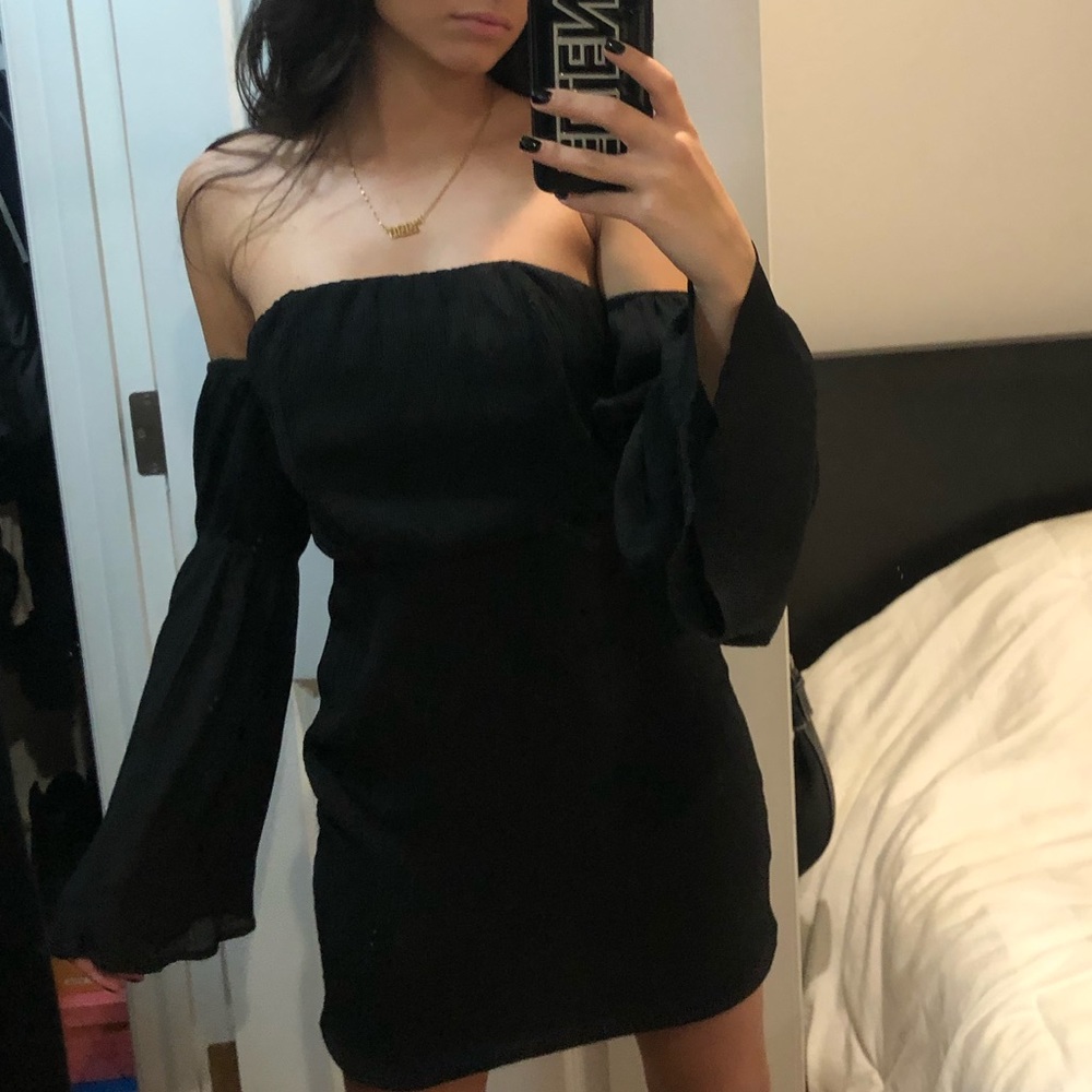 Black off shoulder bell sleeve dress